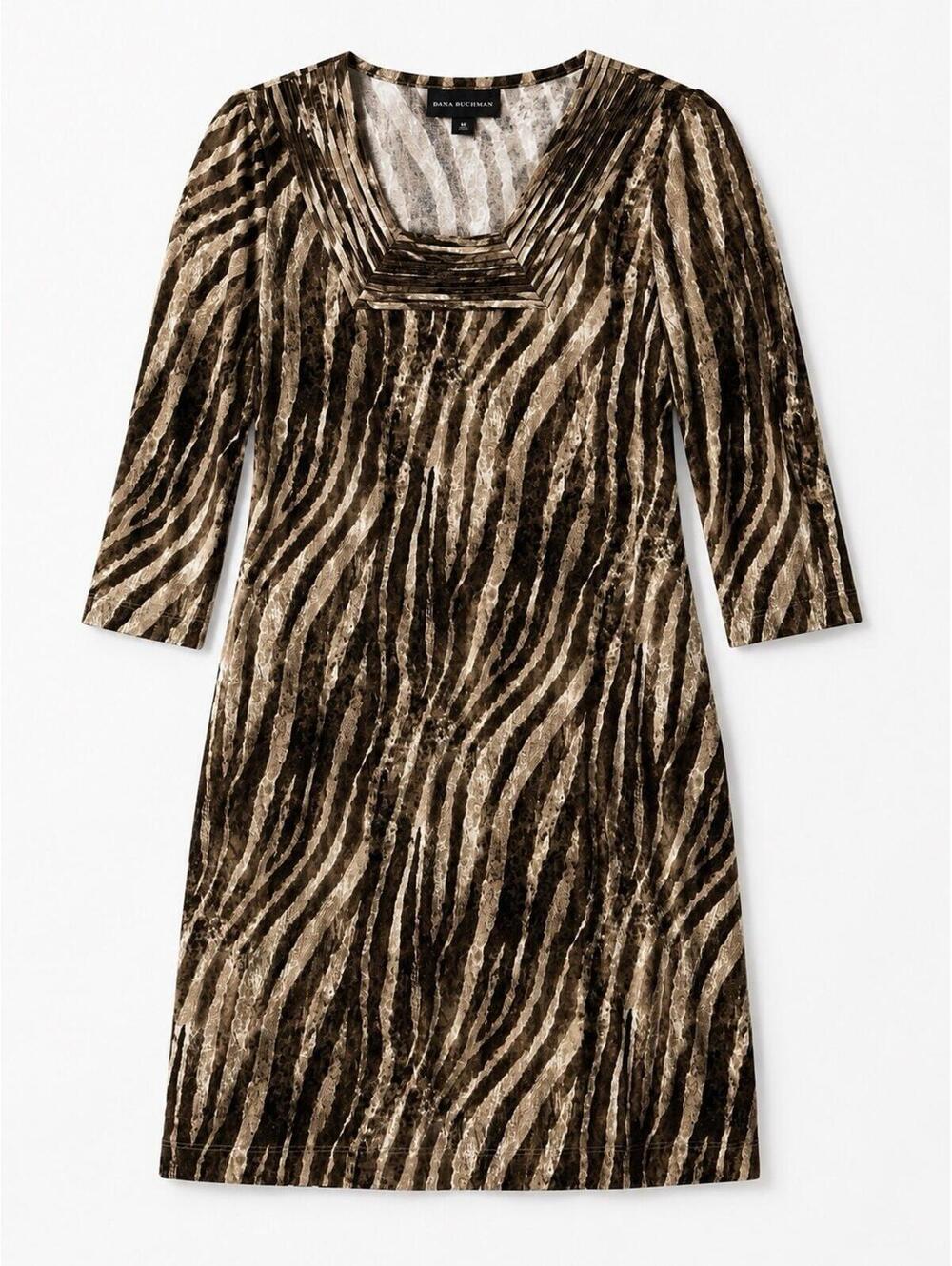 Dana Buchman Brown & Cream Zebra Print Stretch Long Sleeve Midi Dress Size S